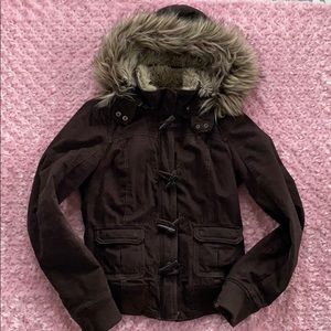 Women's Brown Hooded Winter Jacket with Faux Fur Trim